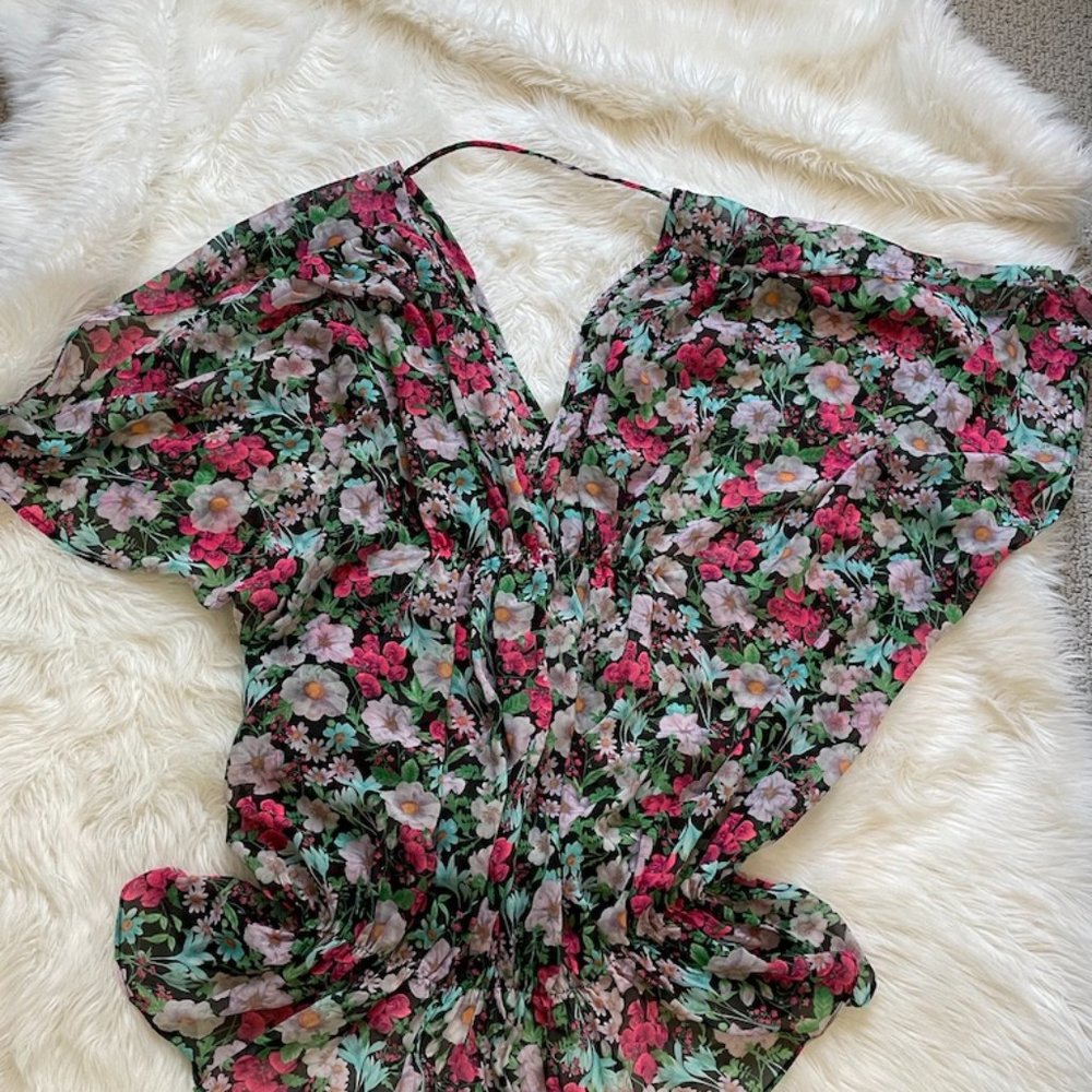 Victoria's Secret Open-back tunic/caftan MEDIUM dark floral print peep arms